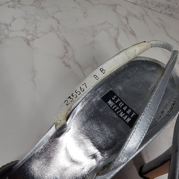 Stuart Weitzman Vintage Silver Leather Crystal Beaded Sling Back Heels Women 8B‎ - Picture 9 of 11
